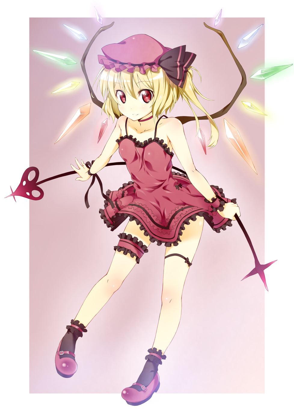 alternate_costume bare_shoulders blonde_hair choker flandre_scarlet full_body hat highres ichi_makoto laevatein leg_garter legs looking_at_viewer mary_janes ponytail red_eyes ribbon shoes short_hair side_ponytail simple_background smile solo touhou wings wrist_cuffs wrist_ribbon