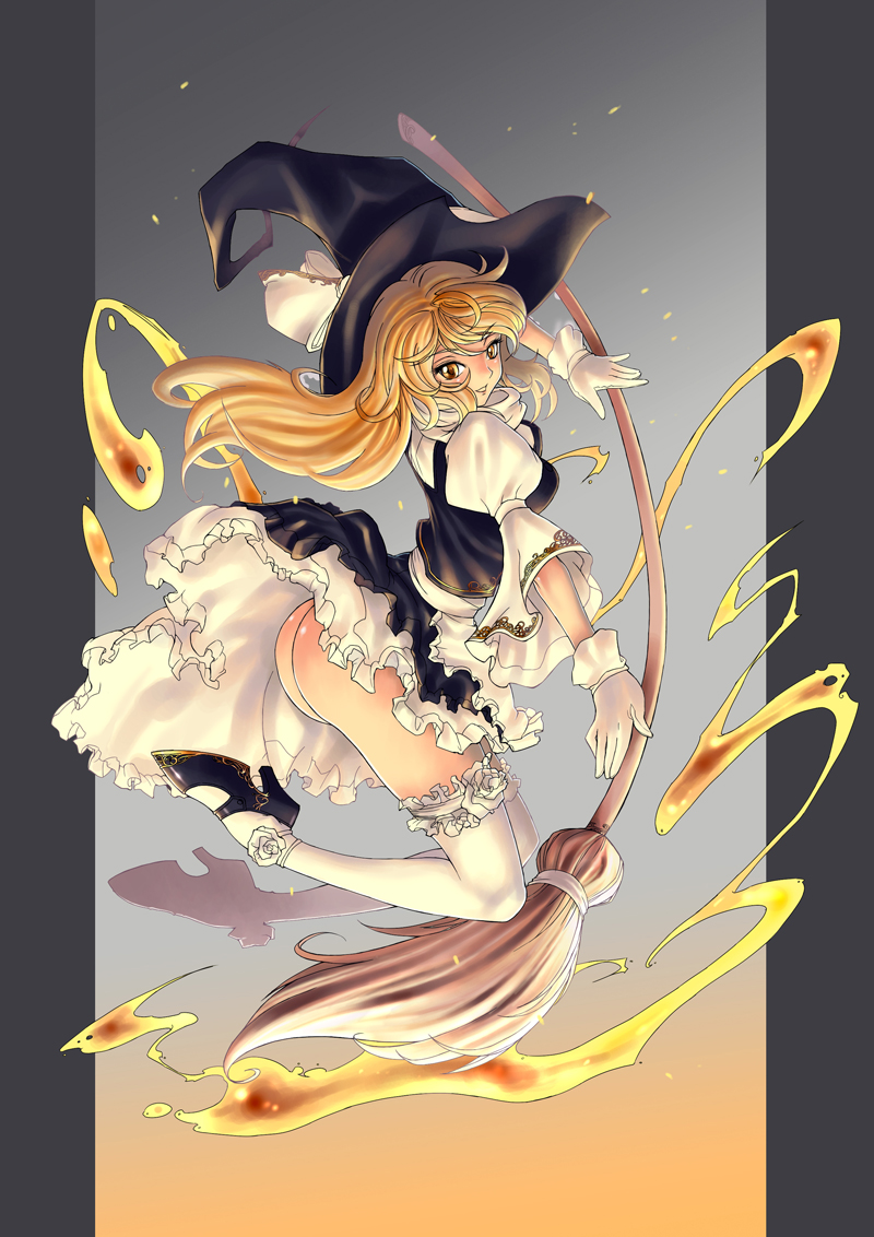 ass blonde_hair broom gloves hat kengko kirisame_marisa long_hair solo thighhighs touhou witch_hat yellow_eyes