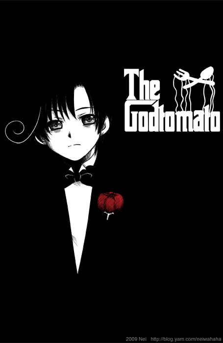 ahoge axis_powers_hetalia bow bowtie formal greyscale male_focus monochrome neiyukina parody poster solo southern_italy_(hetalia) spot_color suit the_godfather tomato watermark
