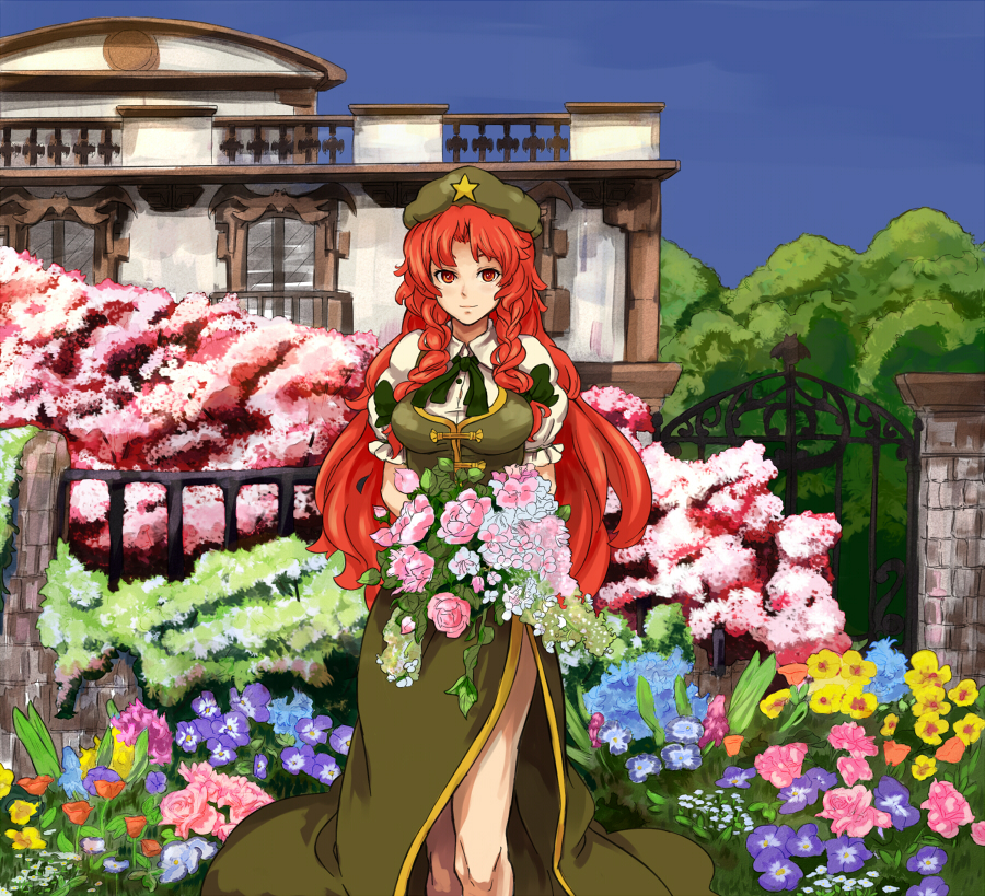bad_id bad_pixiv_id braid breasts china_dress chinese_clothes dress flower garden hat hong_meiling large_breasts long_hair red_eyes red_hair shibasaki_shouji side_slit solo touhou twin_braids
