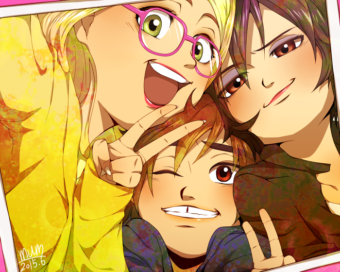 1boy 2girls big_hero_6 disney gogo_tomago hiro_hamada honey_lemon marvel mavel multiple_girls photo_(object) v