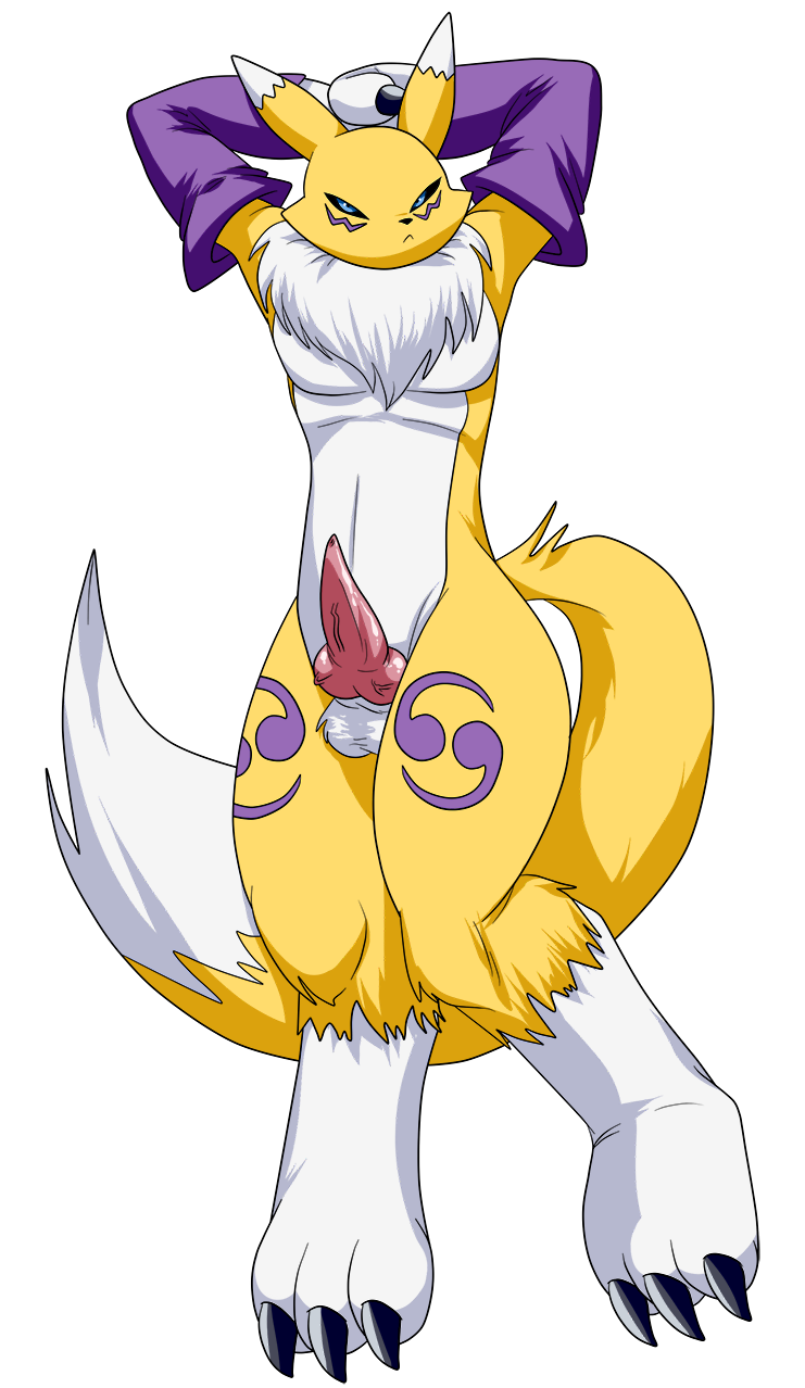 alpha_channel angry animal_genitalia balls canine canine_penis darthglacier digimon erection fur knot looking_at_viewer male mammal penis plain_background pose renamon solo transparent_background white_fur yellow_fur