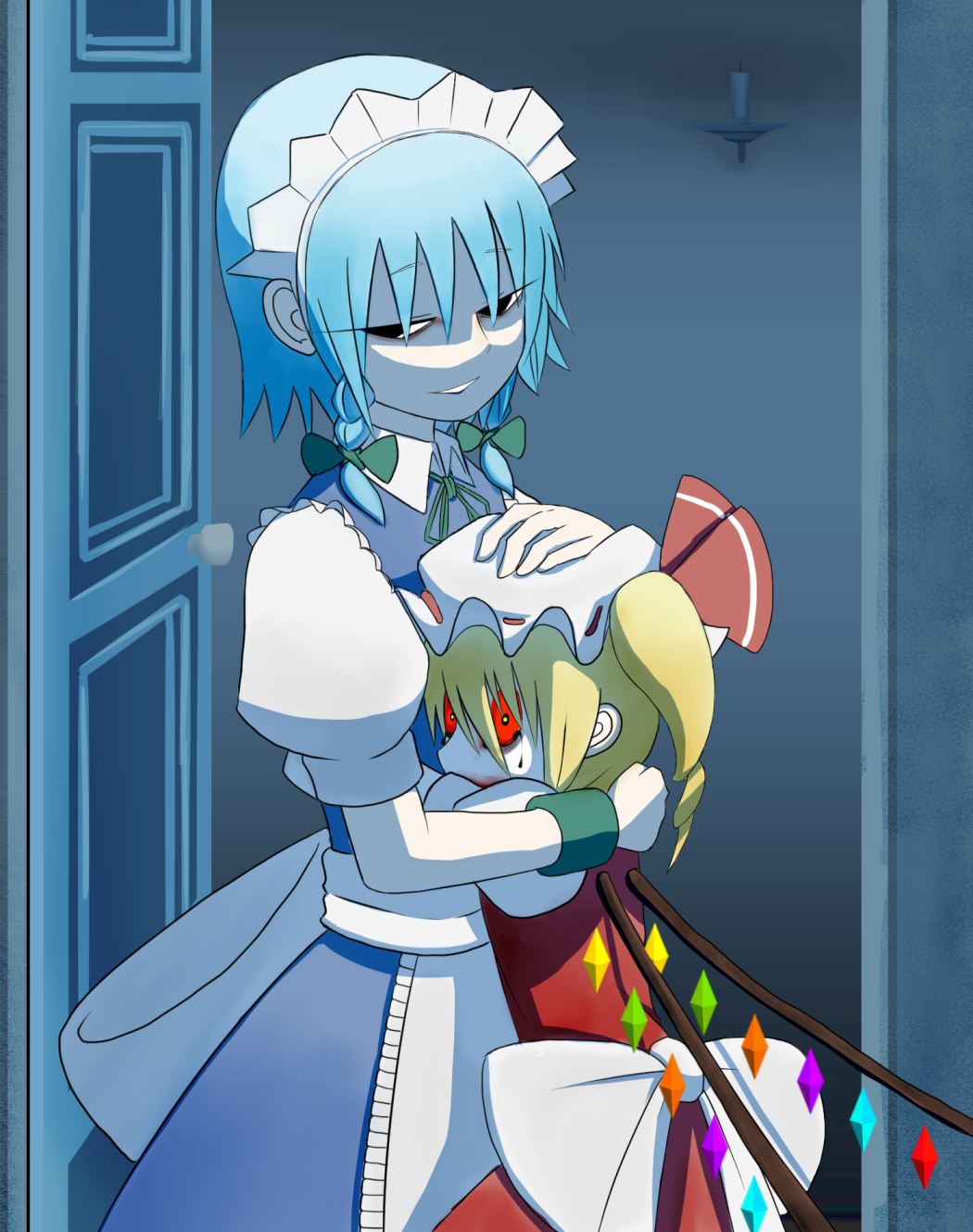 apron bad_id bad_pixiv_id banned_artist black_eyes blonde_hair blue_hair bow braid crystal door dress flandre_scarlet grin hair_bow hair_ornament hair_ribbon hat highres hug izayoi_sakuya looking_at_viewer maid_headdress mob_cap multiple_girls okahi puffy_sleeves red_sclera ribbon sash shaded_face short_hair short_sleeves side_ponytail smile tears touhou twin_braids waist_apron wings yellow_eyes