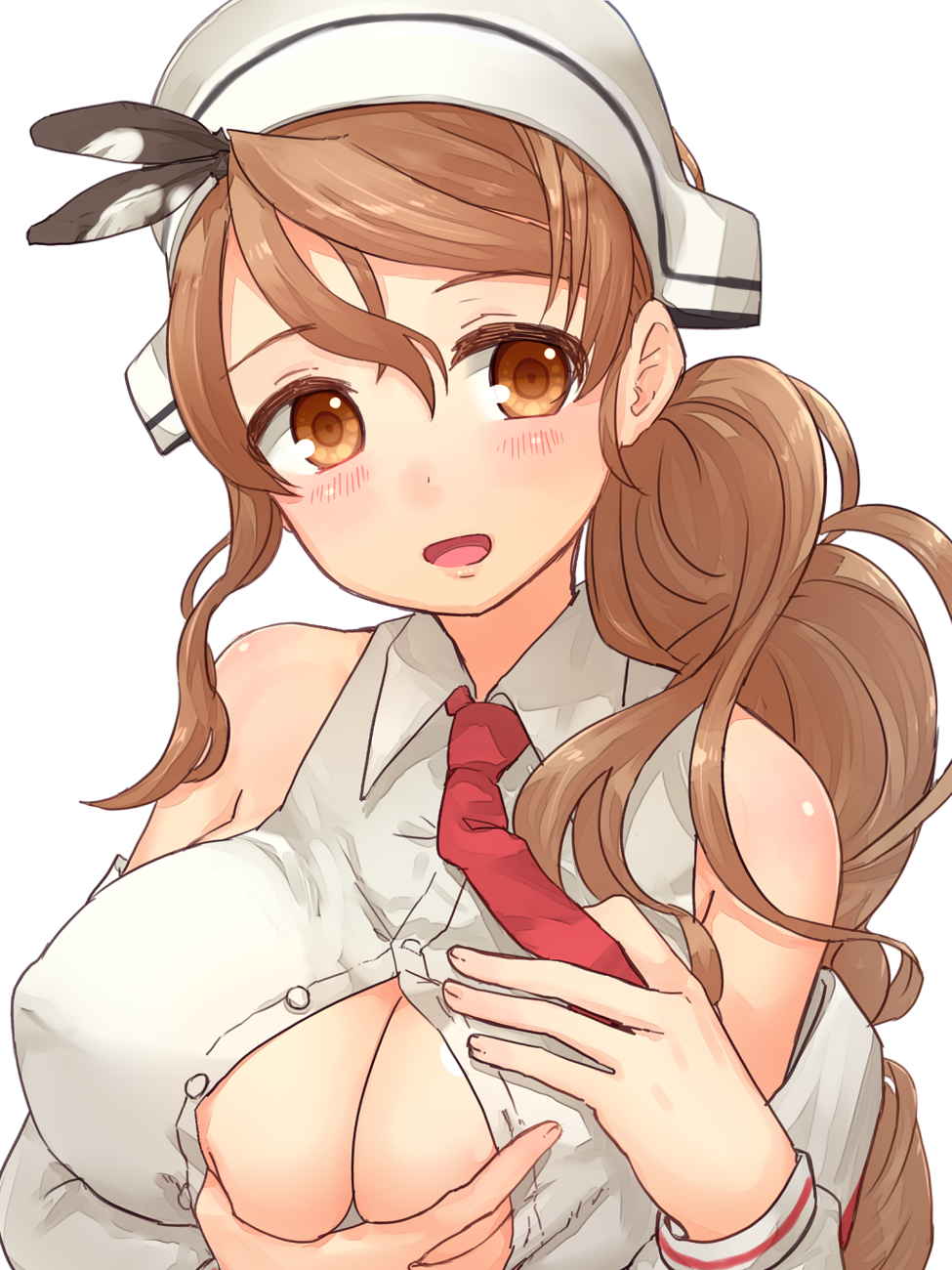 bad_id bad_pixiv_id bare_shoulders breasts brown_eyes brown_hair cleavage hat highres kantai_collection large_breasts littorio_(kantai_collection) looking_at_viewer necktie open_clothes open_mouth open_shirt paizuri_invitation presenting sawatari_(sado) shirt smile solo unbuttoned