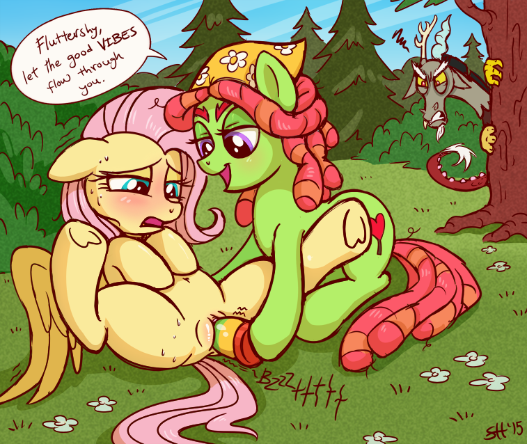 dildo discord_(mlp) earth_pony english_text equine female female/female feral fluttershy_(mlp) friendship_is_magic horse male mammal my_little_pony pegasus penetration pony pussy sex sex_toy sorcerushorserus text tree_hugger_(mlp) vaginal vaginal_penetration wings