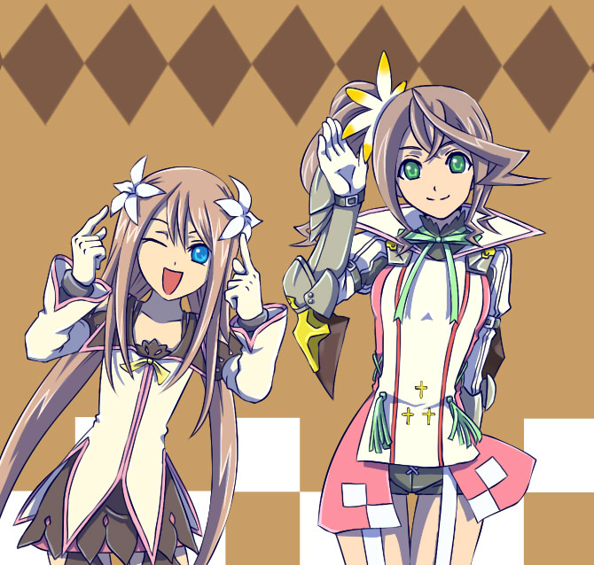 2girls alisha_(tales) alisha_diphda argyle argyle_background armor belt blue_eyes breasts brown_background brown_hair checkered detached_sleeves flower gloves green_eyes hair_ornament jacket long_hair marta_lualdi multiple_girls one_eye_closed open_mouth ribbon short_shorts shorts side_ponytail simple_background skirt smile tales_of_(series) tales_of_symphonia_knight_of_ratatosk tales_of_zestiria thighhighs wink wink_one_eye_closed