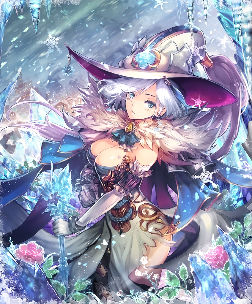1girl blue_eyes breast_tattoo breasts cape cleavage copyright_name cowboy_shot cygames elbow_gloves fur_trim gloves hat ice icicle large_breasts looking_at_viewer shadowverse short_hair silver_hair snowflakes snowing solo tattoo teddy_(khanshin) witch_hat