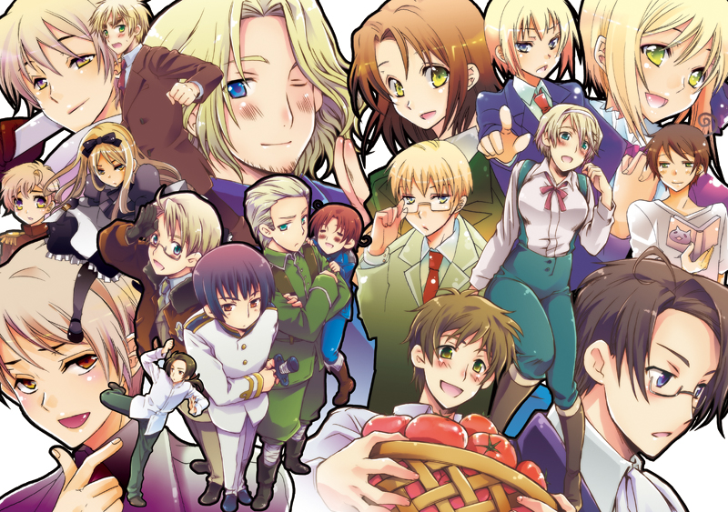 6+girls ahoge america_(hetalia) austria_(hetalia) axis_powers_hetalia bangs belarus_(hetalia) black_hair blonde_hair blue_eyes blush book bow brown_eyes brown_hair china_(hetalia) closed_eyes commentary_request eikichi_(hp001) estonia_(hetalia) france_(hetalia) germany_(hetalia) glasses greece_(hetalia) green_eyes hair_bow japan_(hetalia) katana latvia_(hetalia) liechtenstein_(hetalia) lithuania_(hetalia) long_hair multiple_boys multiple_girls northern_italy_(hetalia) one_eye_closed open_mouth ponytail prussia_(hetalia) russia_(hetalia) short_hair sidelocks silver_hair spain_(hetalia) sweatdrop switzerland_(hetalia) sword tomato ukraine_(hetalia) united_kingdom_(hetalia) weapon white_hair