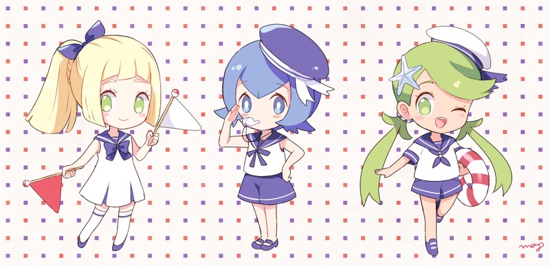 3girls arm_up artist_name bangs beret blonde_hair blowing_whistle blue_eyes blue_footwear blue_hair blue_hat blue_neckwear blue_ribbon blue_sailor_collar blue_shorts blush blush_stickers bow bowtie braid chibi closed_mouth creatures_(company) dark_skin dress eyebrows_visible_through_hair female flag french_braid full_body game_freak green_eyes green_hair hair_ornament hair_ribbon hair_tie hand_on_hip hand_up happy hat holding jpeg_artifacts kneehighs leg_up legs_together lifebuoy lillie_(pokemon) long_hair looking_at_viewer mao_(pokemon) matching_hair/eyes mei_(maysroom) mouth_hold multiple_girls neck_ribbon neckerchief nintendo one_eye_closed open_mouth poke_ball_theme pokemon pokemon_(anime) pokemon_sm_(anime) ponytail ribbon sailor_collar sailor_dress salute shirt shoes short_hair short_shorts short_sleeves shorts signature sleeveless sleeveless_dress smile standing standing_on_one_leg starfish suiren_(pokemon) swept_bangs teeth tied_hair twintails whistle white_dress white_hat white_legwear white_shirt wink