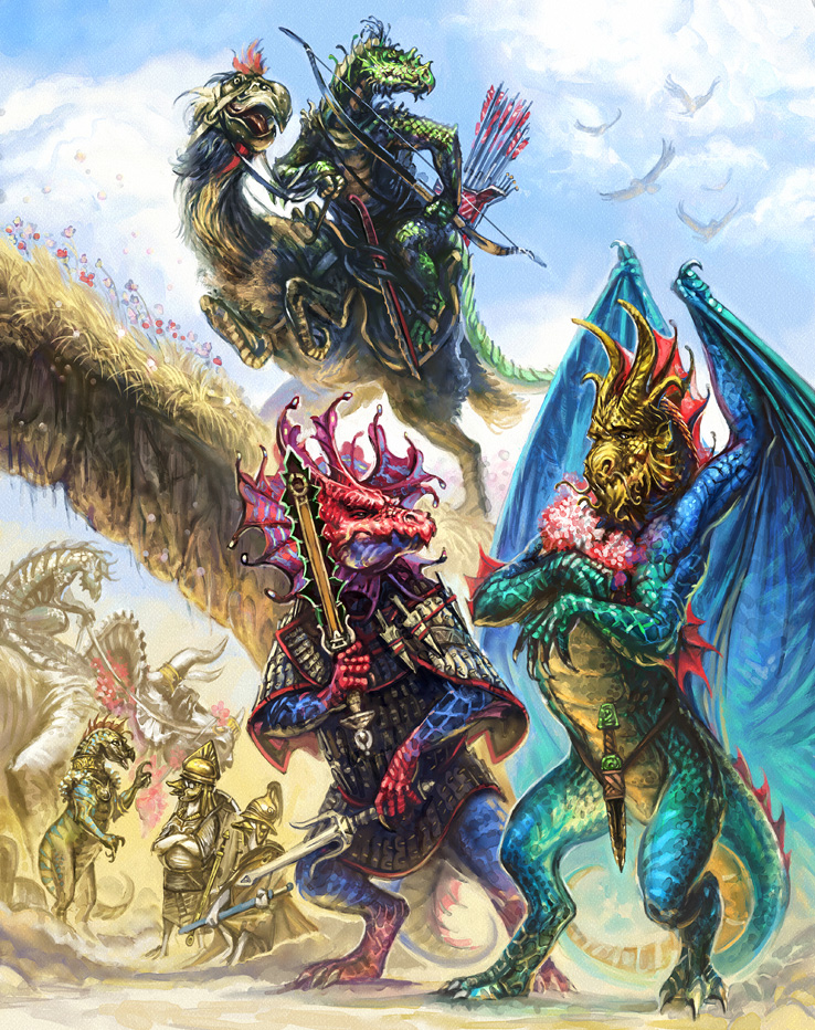 ambiguous_gender anthro armor arrow avian beak bird blue_scales bone_frill bow_(weapon) claws cyan_scales dinosaur dragonewt duck feathers feral flower frill glorantha green_scales group helmet horn melee_weapon merlkir outside plant ranged_weapon scalie sword teeth triceratops weapon wings