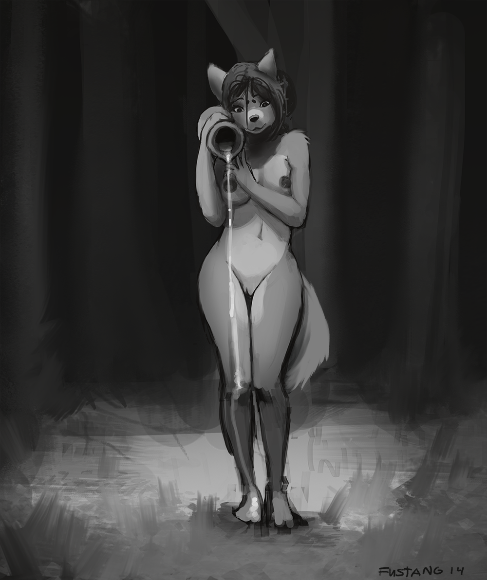 2014 anthro breasts female fustang greyscale jar monochrome nipples nude pussy sketch solo standing unknown_species water