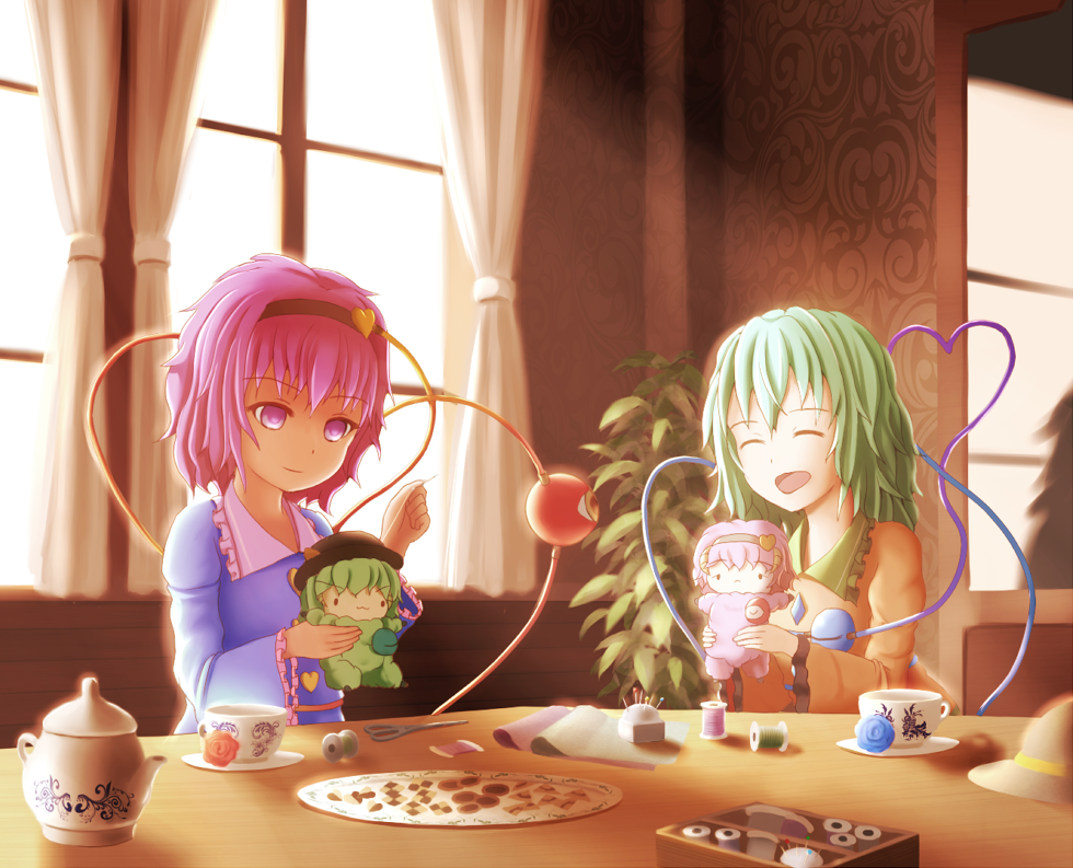 aletto-mikan checkerboard_cookie closed_eyes cookie cup curtains doll food green_hair hairband hat heart heart_of_string holding_needle indoors komeiji_koishi komeiji_satori multiple_girls needle open_mouth pincushion pink_hair scissors sewing_needle short_hair siblings sisters smile spool tea_set teacup third_eye touhou wallpaper_(object) window