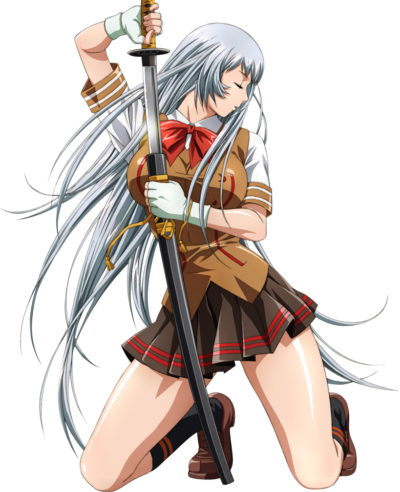 black_legwear breasts chouun_shiryuu closed_eyes extraction fingerless_gloves full_body glint gloves grey_hair holding holding_weapon ikkitousen katana kneehighs kneeling large_breasts loafers long_hair miniskirt official_art open_mouth pleated_skirt profile rin-sin school_uniform sheath shirt shoes short_sleeves silver_hair skirt sleeve_cuffs solo sword taut_clothes tiptoes transparent_background unsheathing very_long_hair vest weapon white_gloves