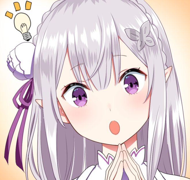 1girl :o butterfly_hair_ornament commentary_request emilia_(re:zero) eyebrows_visible_through_hair fingers_together flower grey_hair hair_flower hair_ornament hairclip hands_up head_tilt light_bulb long_sleeves looking_at_viewer open_mouth own_hands_together pointy_ears portrait purple_eyes re:zero_kara_hajimeru_isekai_seikatsu solo white_flower yasuyuki