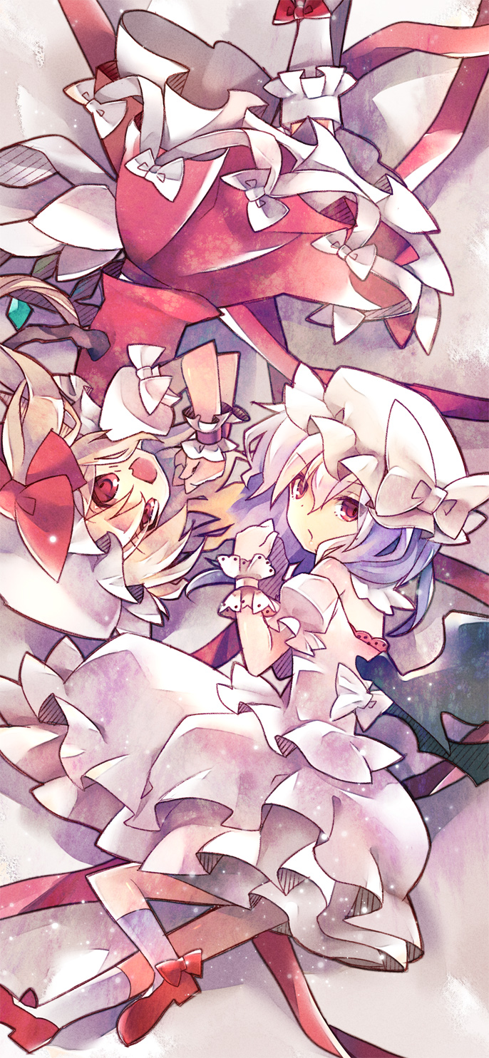 bat_wings blonde_hair bow fang flandre_scarlet hat hat_bow highres lavender_hair mob_cap multiple_girls open_mouth red_eyes remilia_scarlet ringpearl rotational_symmetry sash siblings sisters touhou wings wrist_cuffs