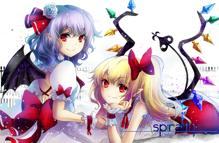 adapted_costume alternate_costume back_cutout bat_wings blonde_hair bow crystal flandre_scarlet flower gambol_edelin hair_bow hair_flower hair_ornament hair_ribbon laevatein lavender_hair long_hair looking_at_viewer looking_back lying multiple_girls no_hat no_headwear on_stomach pointy_ears puffy_sleeves red_eyes remilia_scarlet ribbon shirt short_hair short_sleeves siblings side_ponytail sisters sitting skirt skirt_set sleeveless smile text_focus touhou white_background wings wrist_cuffs