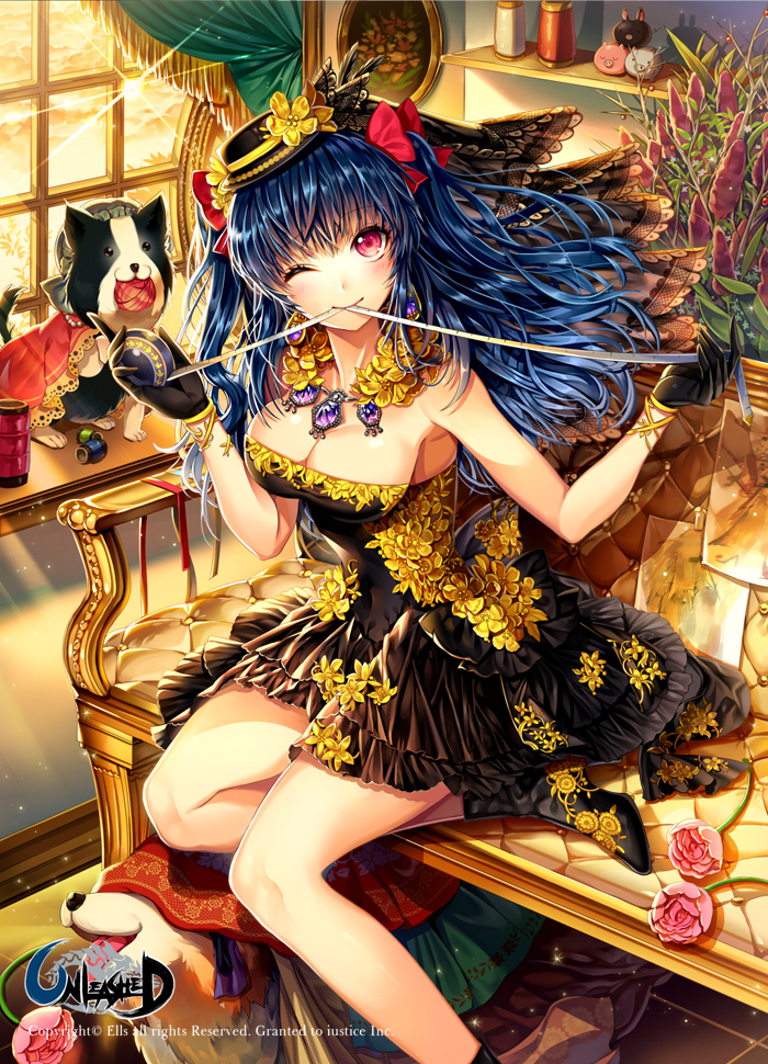 ;) artist_name bad_id bad_pixiv_id bare_arms bare_legs bare_shoulders black_dress black_footwear black_gloves blue_hair blush bow breasts cleavage commentary_request couch curtains dog dress ells flower frilled_dress frills gloves hair_bow hair_ribbon hat headdress high_heels indoors jewelry large_breasts logo long_hair looking_at_viewer mouth_hold necklace one_eye_closed pendant picture_(object) pink_flower pink_rose plant red_eyes ribbon rose shelf shoes sitting smile solo spool strapless strapless_dress tape_measure thighs unleashed watermark window