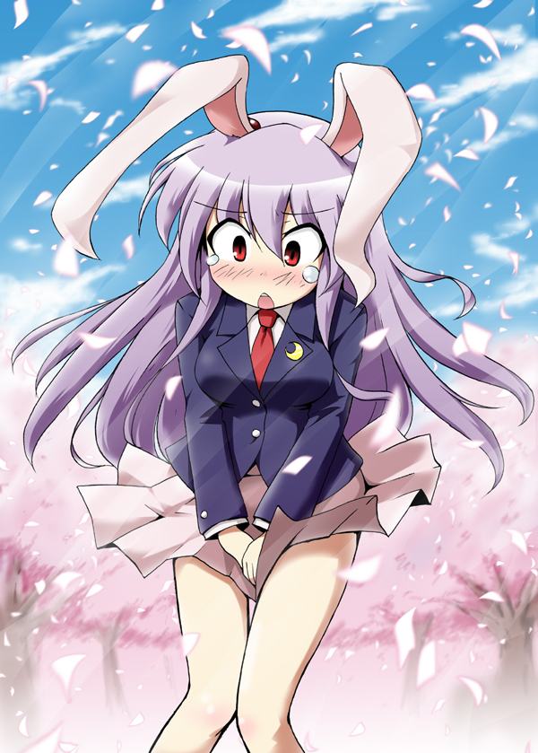 animal_ears blazer blush bunny_ears cherry_blossoms covering covering_crotch jacket kousei_(public_planet) long_hair necktie purple_hair red_eyes red_neckwear reisen_udongein_inaba skirt skirt_tug solo tears touhou wind wind_lift