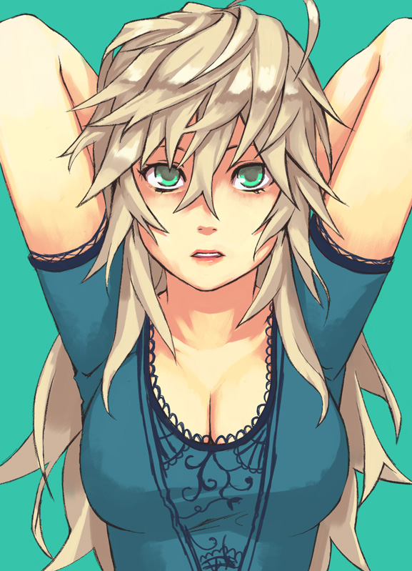 ahoge arms_behind_head arms_up blonde_hair breasts cleavage green_eyes large_breasts long_hair mustard_seeds original simple_background solo upper_body yuuji_(and)