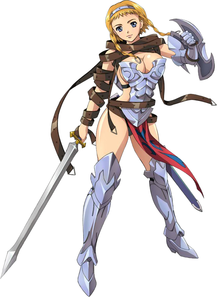 armor armored_boots blonde_hair blue_eyes boots braid breasts cleavage full_body gauntlets holding holding_sword holding_weapon large_breasts leina official_art queen's_blade shield short_hair_with_long_locks side_braid sideboob solo sword transparent_background twin_braids weapon