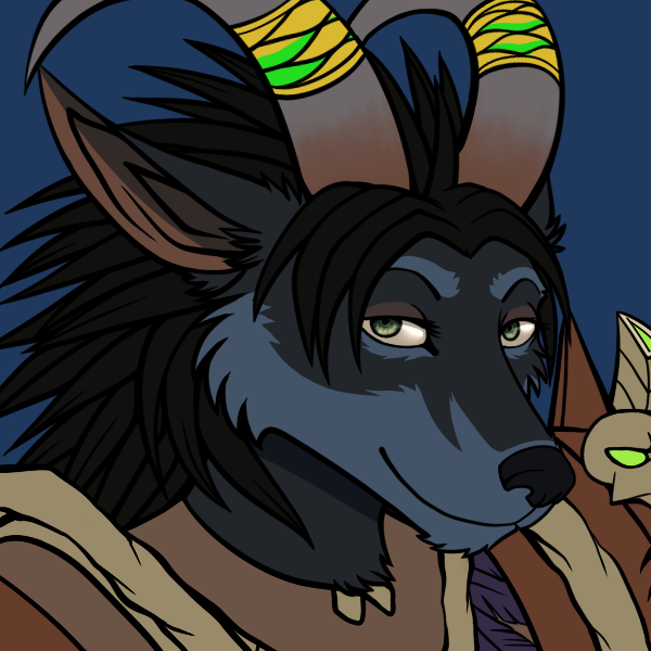 2015 anthro armor black_hair black_nose blue_fur canine female fur green_eyes hair horn horn_ring looking_at_viewer mammal paralee_(character) plain_background pointy_ears ratte reaction_image solo video_games warcraft were werewolf worgen