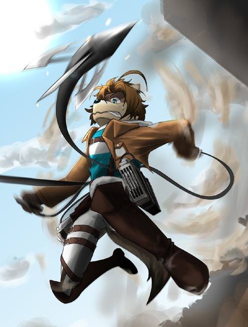 amber_eyes anime anthro attack_on_furry attack_on_titan blue_eyes brown_fur canine clothing fur hair male mammal morenatsu muscles po_geshirushi shingeki_no_morenatsu shun_kodori three_dimensional_maneuver_gear titan wolf