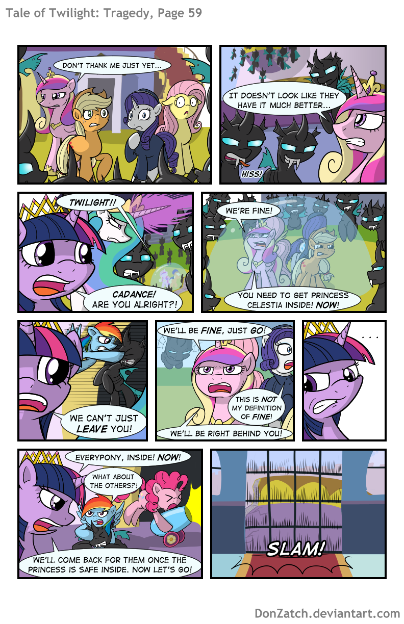 2015 applejack_(mlp) blonde_hair changeling comic cutie_mark donzatch english_text equine fluttershy_(mlp) friendship_is_magic fur grass hair horn horse magic mammal multicolored_hair my_little_pony orange_fur pegasus pink_fur pink_hair pony princess_cadance_(mlp) princess_celestia_(mlp) purple_eyes purple_fur purple_hair rail rainbow_dash_(mlp) rarity_(mlp) shield stairs surrounded text twilight_sparkle_(mlp) unicorn white_fur winged_unicorn wings