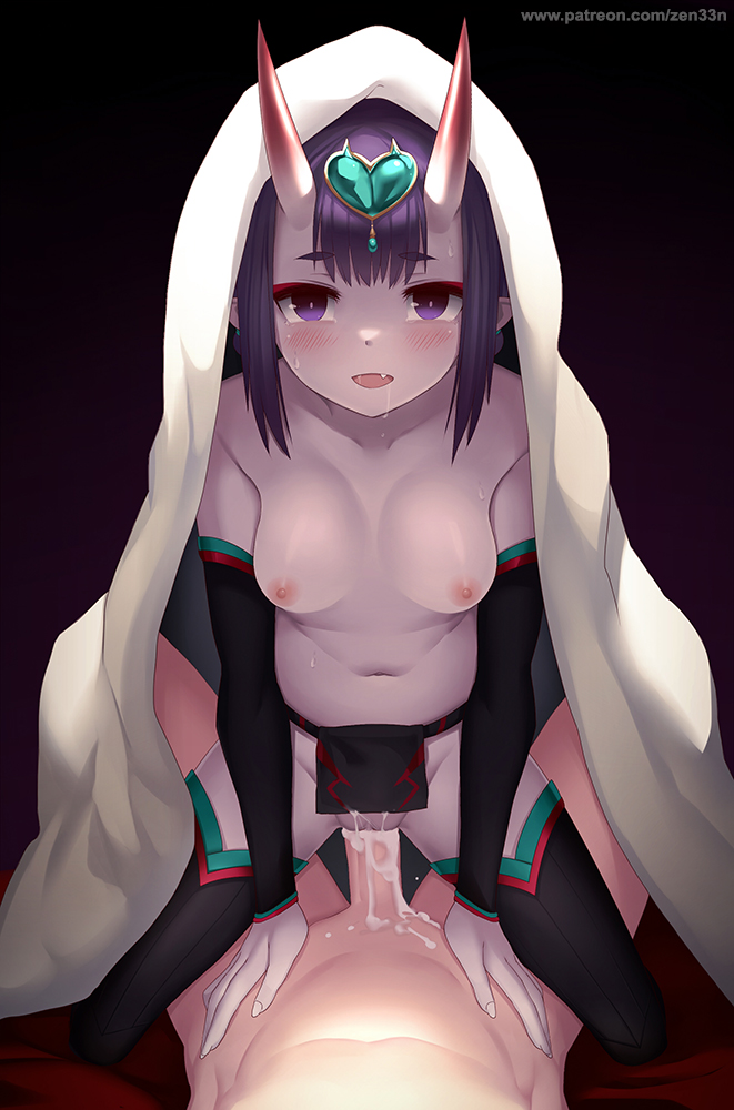 bangs black_legwear blanket blush breasts collarbone commentary_request cowgirl_position cum cum_in_pussy detached_sleeves eyebrows_visible_through_hair eyeliner fang fate/grand_order fate_(series) forehead_jewel fundoshi girl_on_top gradient gradient_background headpiece heart hetero horns japanese_clothes looking_at_viewer low_twintails makeup navel nipples oni oni_horns open_mouth penis pointy_ears purple_eyes purple_hair revision sex short_eyebrows short_hair short_twintails shuten_douji_(fate/grand_order) shuten_douji_(halloween)_(fate) small_breasts smile solo_focus straddling thighs topless twintails vaginal zen_o