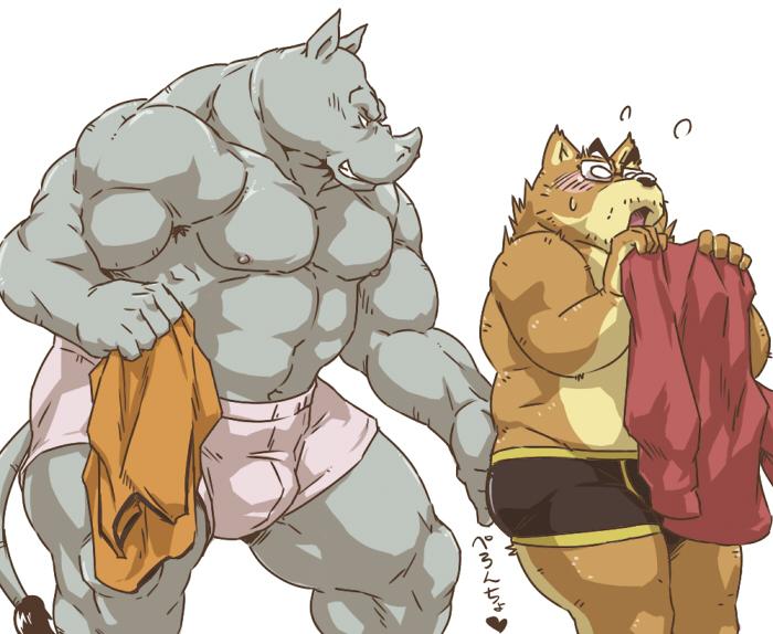 boxers_(clothing) canine clothing male male/male mammal plain_background rhinoceros slap tetsuo_oshiba text translation_request underwear