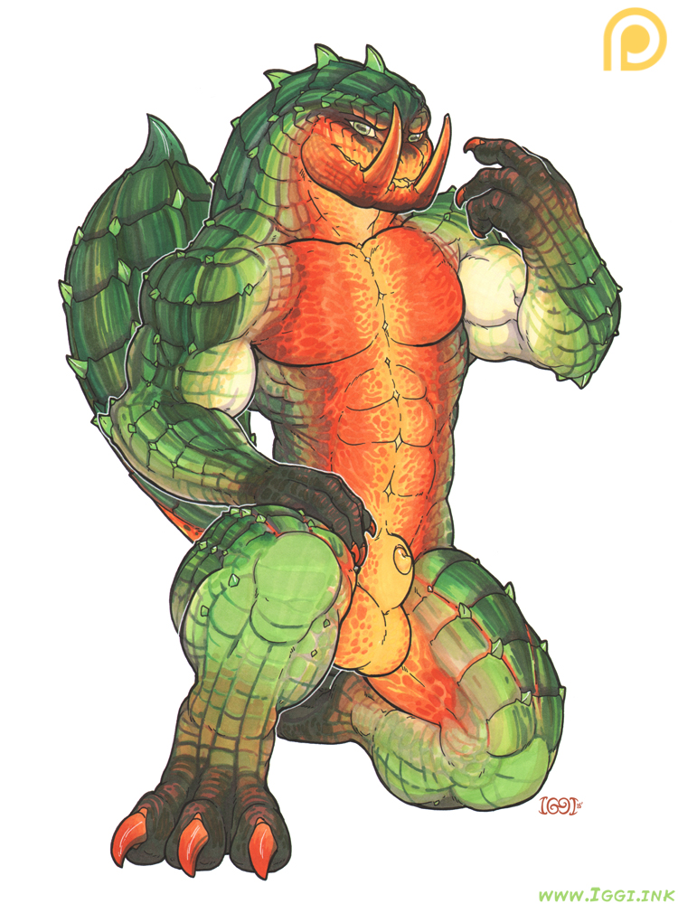 2015 abs amphibian anthro balls biceps big_muscles capcom claws iggi male monster_hunter muscles pecs penis penis_tip pinup plain_background pose scalie sheath solo tetsucabra tusks video_games white_background
