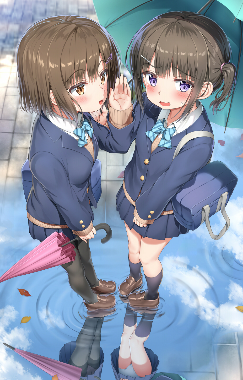 2girls bag bangs black_legwear blue_skirt blue_sky blush bow bowtie breasts buttons cloud commentary_request crotch_seam day eyebrows_visible_through_hair full_body hair_between_eyes hair_ornament hairband hairclip highres holding leaf light_brown_eyes long_hair long_sleeves looking_at_viewer multiple_girls nedia_(nedia_region) one_side_up open_mouth original outdoors panties pantyhose pleated_skirt purple_eyes reflection school_bag school_uniform serafuku shoes short_hair skirt sky small_breasts smile socks standing sweatdrop umbrella underwear water whispering white_panties