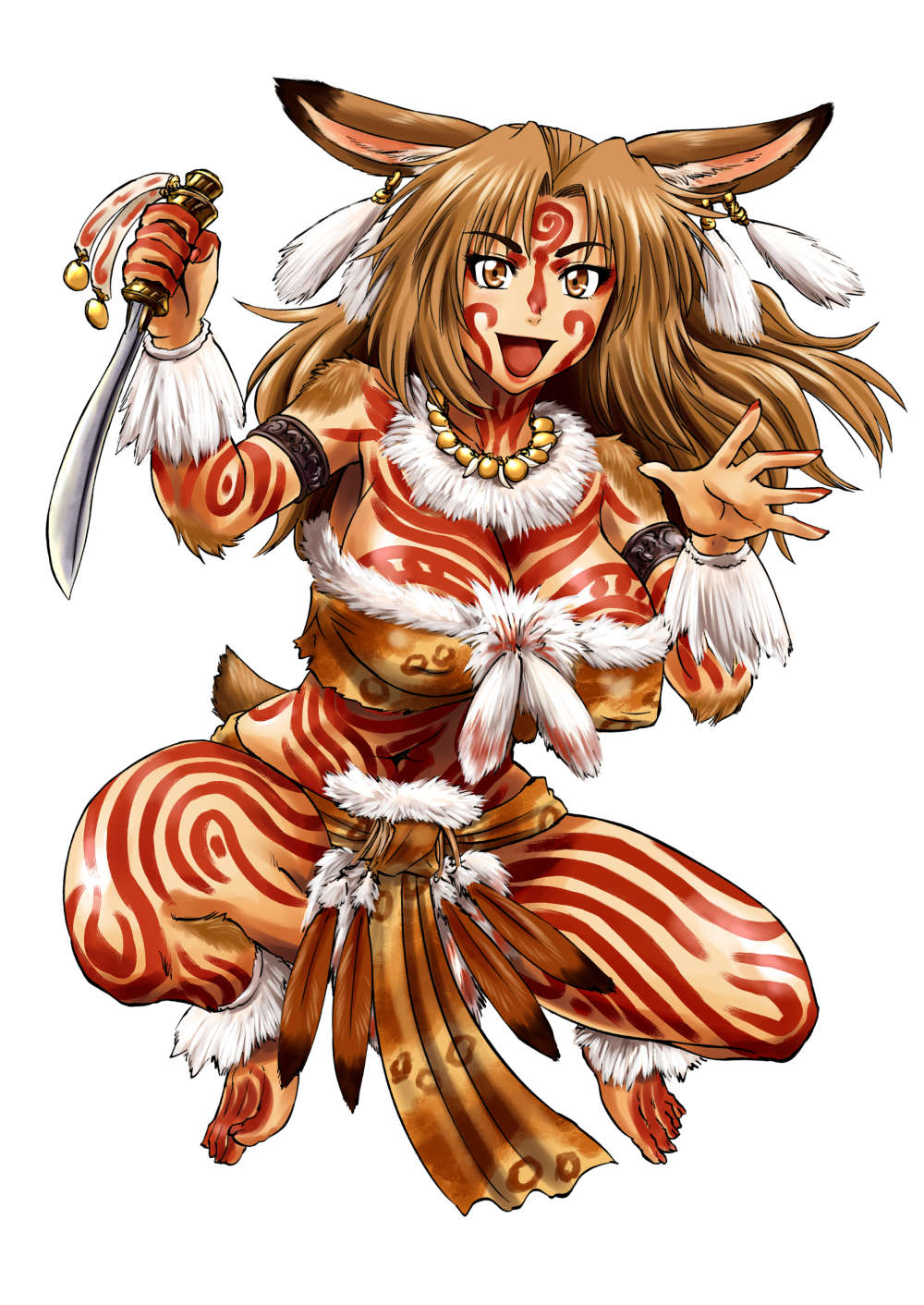 :d animal_ears armlet barefoot bodypaint breasts brown_eyes brown_hair bunny_ears bunny_tail delilah_(gate) earrings facepaint full_body fur fur_trim gate_-_jieitai_ka_no_chi_nite_kaku_tatakaeri highres jewelry knife large_breasts long_hair navel necklace open_mouth sao_satoru simple_background smile solo tail tribal white_background