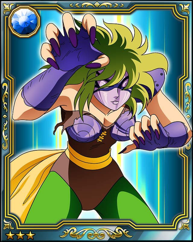 armor card_(medium) female galaxy_card gradient gradient_background green_hair mask ophiuchus_shaina saint_seiya solo