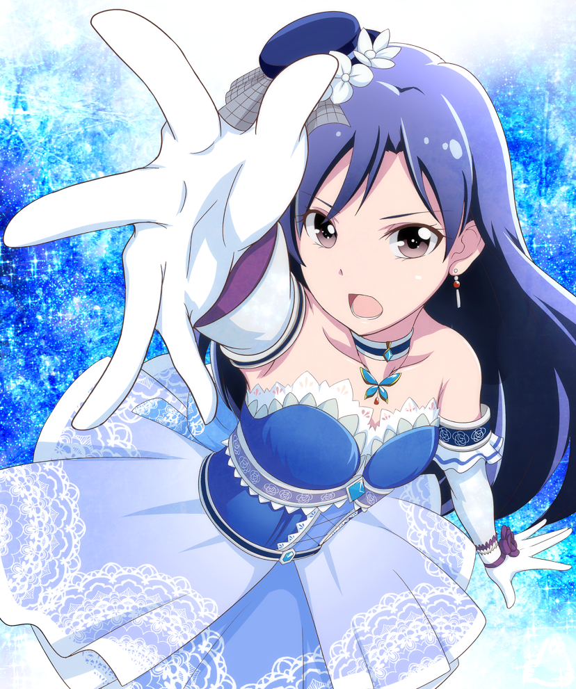 arm_up blue_hair bug butterfly choker dress earrings elbow_gloves flower gloves hat hat_flower idolmaster idolmaster_(classic) idolmaster_one_for_all insect jabara_tornado jewelry kisaragi_chihaya long_hair looking_at_viewer necklace open_mouth purple_eyes solo strapless strapless_dress