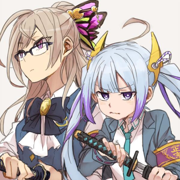 bad_id bad_twitter_id blue_eyes blue_hair bow brown_hair glasses hair_ornament ikeda-masamune_nagayo ishida-masamune_kiriko long_hair multiple_girls necktie pout purple_eyes ree_(re-19) shinken!! sword twintails weapon