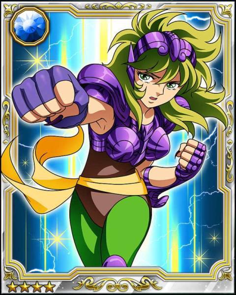 armor card_(medium) female galaxy_card gradient gradient_background green_hair ophiuchus_shaina saint_seiya solo