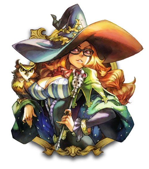 1girl big_hat bird breasts cleavage curly_hair erect_nipples female george_kamitani glasses grand_knights_history hat large_breasts long_hair muse_cromwell official_art orange_hair owl purple_eyes ring shawl simple_background solo vanillaware witch witch_hat