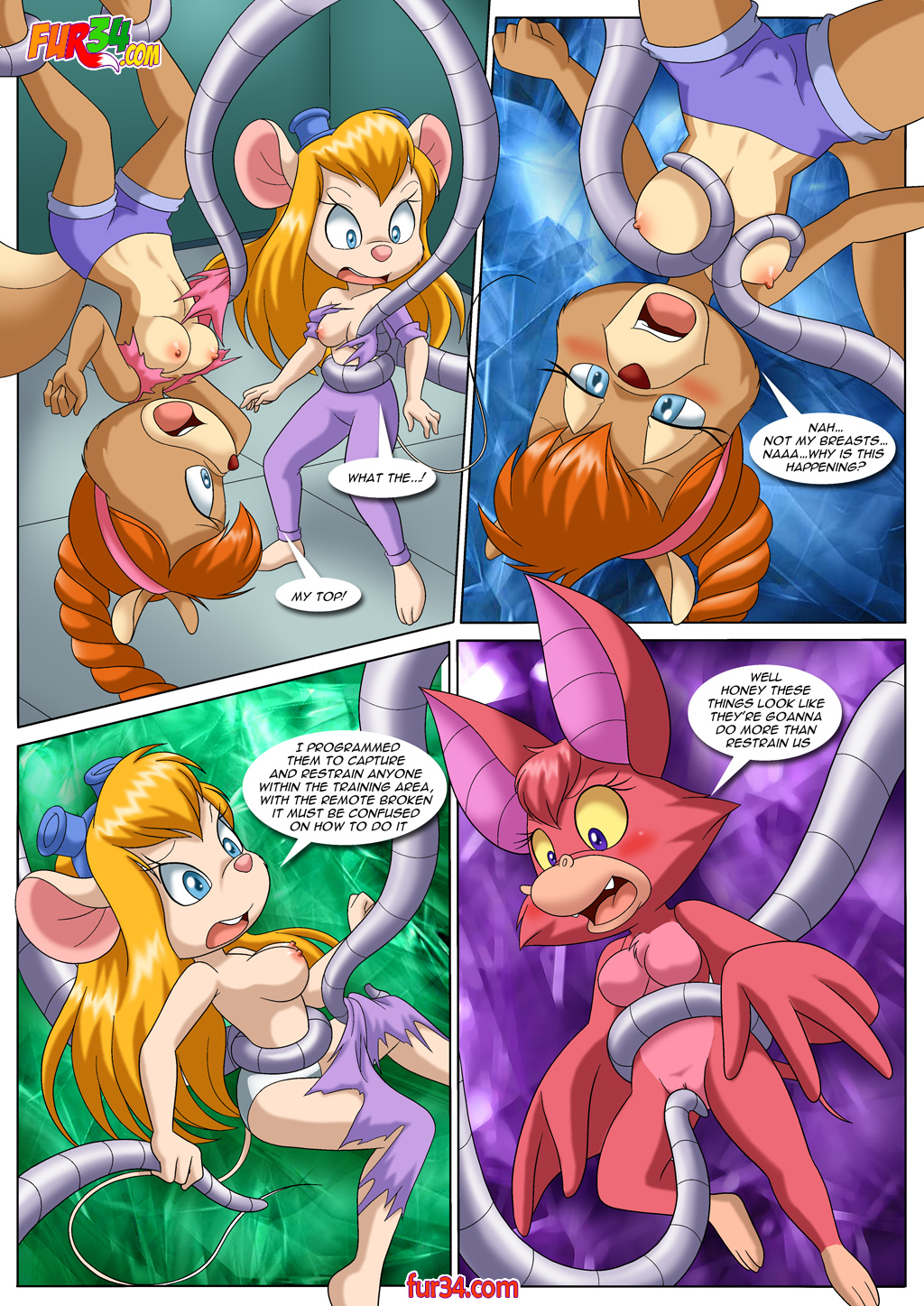 2015 anthro areola barefoot bat bbmbbf blonde_hair blue_eyes blush breasts brown_fur brown_hair butt chip_'n_dale_rescue_rangers clothed clothing comic dialogue disney electricity english_text eyes_closed fangs female flying foxglove fur gadget_hackwrench hair hindpaw jumpsuit long_hair looking_up mammal mouse nipples nude one_eye_closed open_mouth panties paws pink_fur pink_hair pink_nose purple_eyes pussy rodent shirt short_hair shorts squirrel standing surprise sweat tammy teeth text tongue torn_clothing underwear wings wink