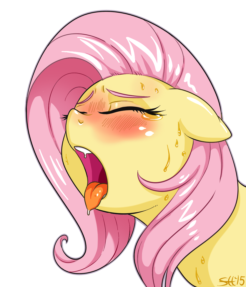 2015 blush equine eyes_closed female feral fluttershy_(mlp) friendship_is_magic hair horse long_hair mammal my_little_pony open_mouth pink_hair pony simple_background solo sorcerushorserus sweat tongue tongue_out white_background