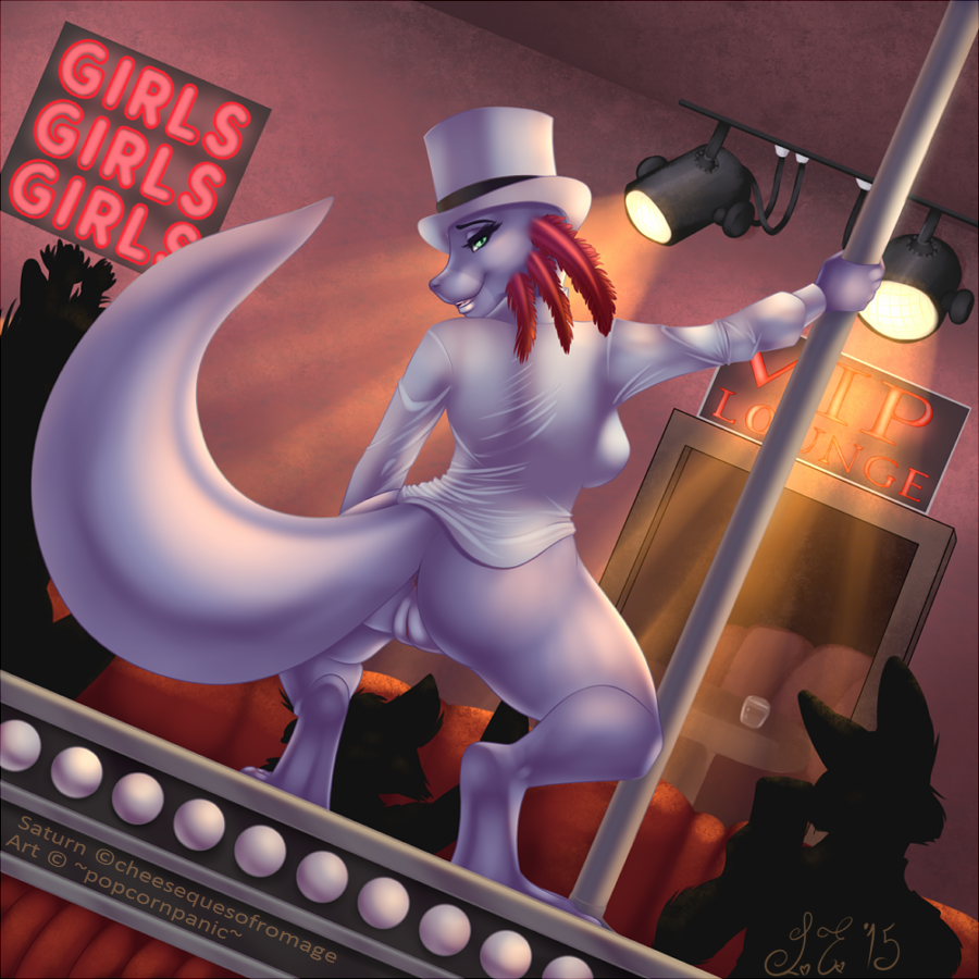2015 anthro axolotl breasts button clothing club dancing female hat inside lights melee_weapon neon_lights over pole popcornpanic pussy scalie shadow shirt side_boob sign stage stripper top undressing weapon