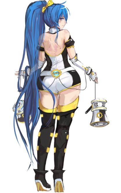 anime_revolution armband ass back bare_shoulders belt blue_hair boots cable curvy dual_wielding elbow_gloves fingerless_gloves from_behind full_body gloves hair_ribbon high_heel_boots high_heels high_ponytail holding legs_together long_hair looking_back mascot megaphone nose original panties_(pantsu-pirate) pigeon-toed purple_eyes ribbon senkaku_mei smile solo standing thick_thighs thigh_boots thighhighs thighs very_long_hair