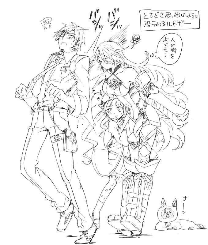 1boy 2girls bare_shoulders belt blush boots breasts cat detached_sleeves dress elle_mel_martha eyes_closed frills hair_ornament hat jacket long_hair ludger_will_kresnik lulu_(tales) milla_(tales_of_xillia_2) monochrome multiple_girls necktie open_mouth pants shoes short_hair skirt tales_of_(series) tales_of_xillia_2 thighhighs twintails very_long_hair