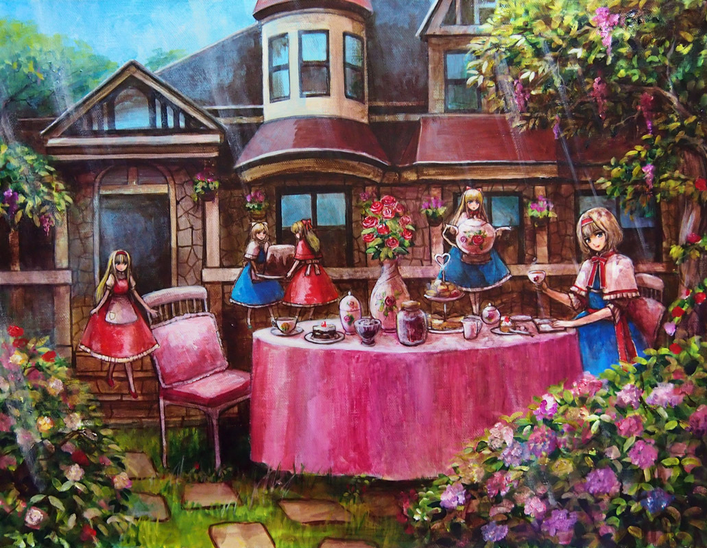 alice_margatroid blonde_hair blue_dress blue_eyes blue_sky cake capelet carrying chair cup day dress flower flying food garden hairband hourai_doll house light_rays looking_at_viewer oil_painting_(medium) outdoors red_flower red_rose revision ribbon rose sash saucer shanghai_doll short_hair sitting sky smile solo sunbeam sunlight table tablecloth tafuto tea_party teacup teapot tiered_tray touhou traditional_media tray tree vase