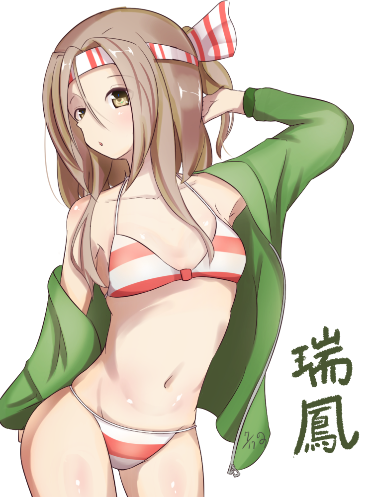 alternate_costume bare_legs bikini brown_eyes collarbone flat_chest hachimaki hair_ribbon headband high_ponytail kantai_collection light_brown_hair long_hair looking_at_viewer navel nossan_(mr._riding) open_clothes ponytail ribbon solo stomach swimsuit zuihou_(kantai_collection)