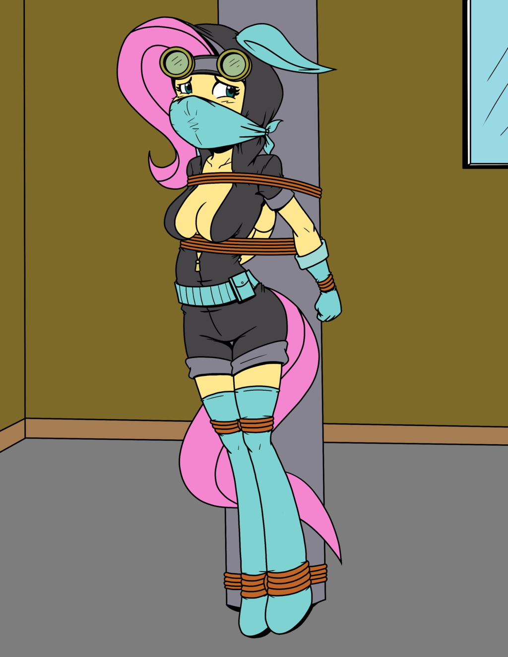 2015 anthro anthrofied bdsm blue_eyes bondage bound breasts cleavage clothed clothing costume equine eyewear fake_ears female fluttershy_(mlp) friendship_is_magic gag gloves goggles hi_res leochingu mammal my_little_pony pegasus rope rope_bondage ryuseihikari solo wings