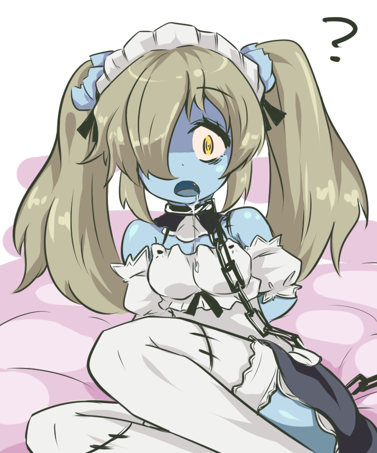 1girl ? apron bare_shoulders blonde_hair blue_skin chains disgaea fang hair_over_one_eye kururunpa maid maid_(disgaea) makai_senki_disgaea_5 pointy_ears saliva thighhighs twintails yellow_eyes zombie