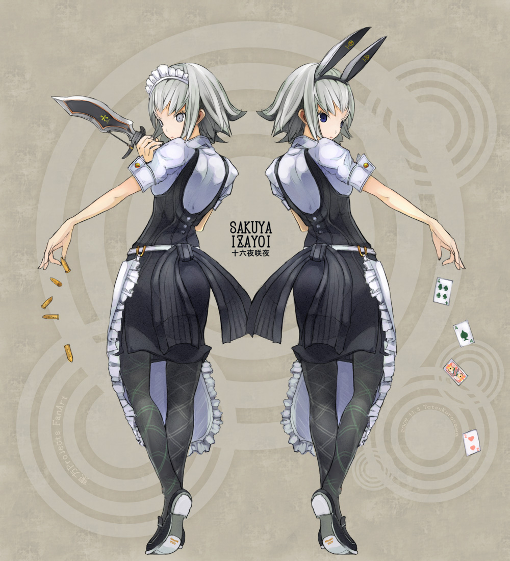 ace ace_of_spades animal_ears apron artist_name back-to-back bad_id bad_pixiv_id bangs black_bow black_footwear black_hairband black_legwear black_skirt blue_eyes bow breasts bullet bunny_ears buttons card character_name club_(shape) dated dropping dual_persona emblem fake_animal_ears falling_card flipped_hair frilled_apron frills from_side full_body grey_background hairband hand_up heart high-waist_skirt holding holding_knife holding_weapon izayoi_sakuya king_(playing_card) knife kurosawa_tetsu loafers looking_back looking_to_the_side maid maid_apron maid_headdress multiple_girls outstretched_arm pantyhose parted_lips pencil_skirt plaid plaid_legwear playing_card shirt shoes short_hair short_sleeves side_slit sidelocks silver_eyes silver_hair skirt sleeve_cuffs small_breasts spade_(shape) standing suspender_skirt suspenders tiptoes touhou underbust waist_apron weapon white_apron