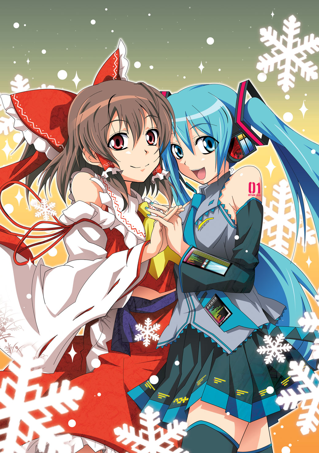 apr aqua_eyes aqua_hair bow brown_hair crossover detached_sleeves hair_bow hakurei_reimu hatsune_miku headset highres holding_hands long_hair multiple_girls necktie niconico_rpg open_mouth red_eyes skirt smile thighhighs touhou twintails vocaloid zettai_ryouiki