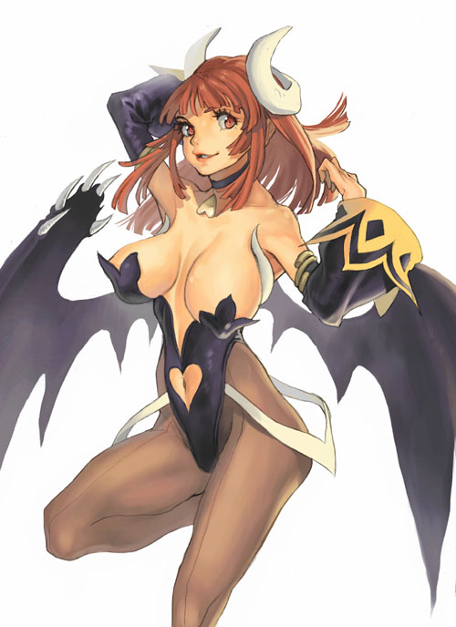 arms_up bare_shoulders bat_wings breasts choker covered_nipples demon_girl detached_sleeves hand_behind_head heart_cutout horns la_pucelle large_breasts leg_up maou_prier pantyhose parted_lips prier red_eyes red_hair revealing_clothes simple_background smile solo umadaisuki white_background wings