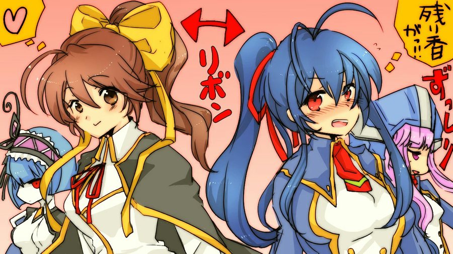 ahoge antenna_hair blazblue blazblue:_chronophantasma blazblue_remix_heart blue_hair blush bow breasts brown_eyes brown_hair butterfly_hair_ornament cape celica_a_mercury genderswap genderswap_(mtf) hair_bow hair_ornament hair_ribbon hairband hat headwear_switch heart kajun_faycott large_breasts long_hair mai_natsume minerva_(blazblue) multiple_girls open_mouth ponytail purple_eyes purple_hair red_eyes ribbon school_uniform simple_background smile soumamigiri thought_bubble translation_request yellow_bow